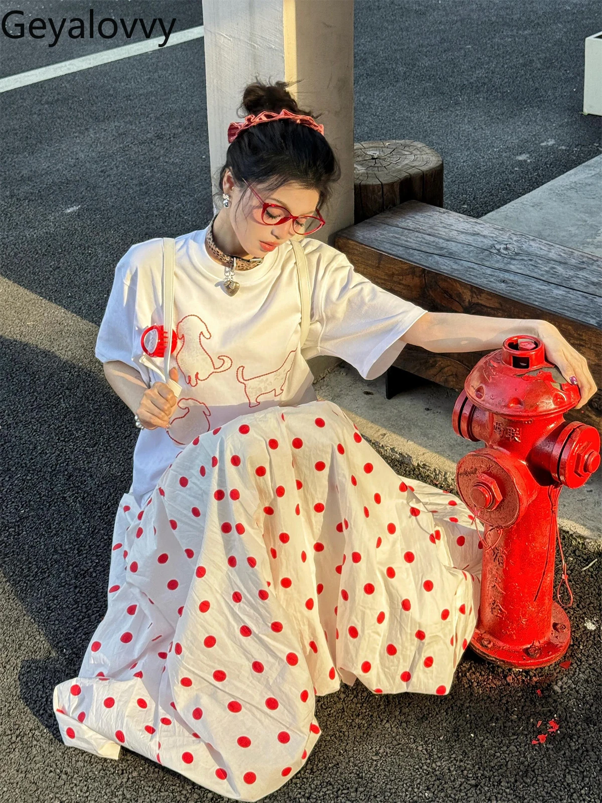 Gonna a vita alta a pois rossi giapponesi Estate Nuove ragazze dolci Versatile elastico in vita Grande altalena Soffici gonne a bolle di boccioli