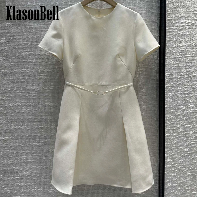 

5.28 KlasonBell Wool Blend Short Sleeve Mini Dress Women Temperament Elegant O-Neck Metal V-Letter Sashes Collect Waist Dress