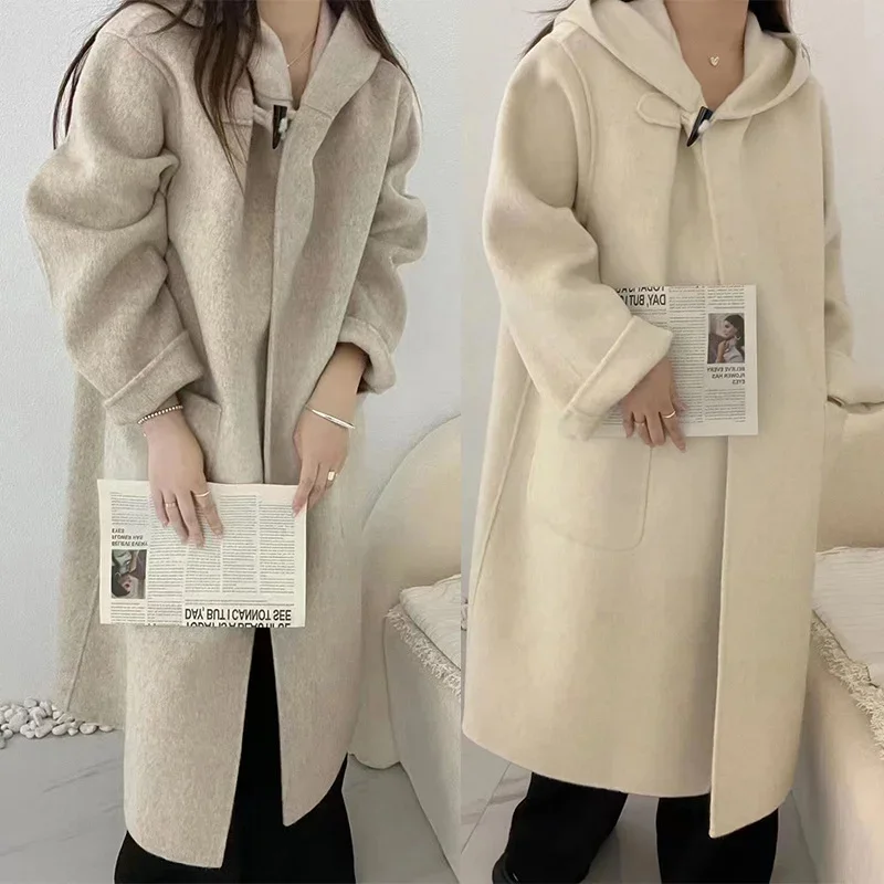 Women Autumn Cloak Hooded Woolen Coats Wool 2025 Winter High-end Long Tops Horn Buckle Thick Overcoat Commuting Style Jackets