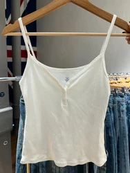 Canottiere Slim Basic con bottoni bianchi canottiere da donna in pizzo dolce con scollo a v in cotone senza maniche canotta Vintage Solid Cute Summer Crop Top Y2k