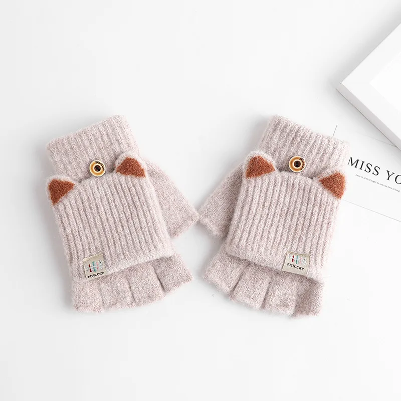 2pairs Women's Winter Cute Exquisite Knitted Yarn Half Finger Flip Cover Warm and Cold Proof Touchscreen Anti Slip Gloves