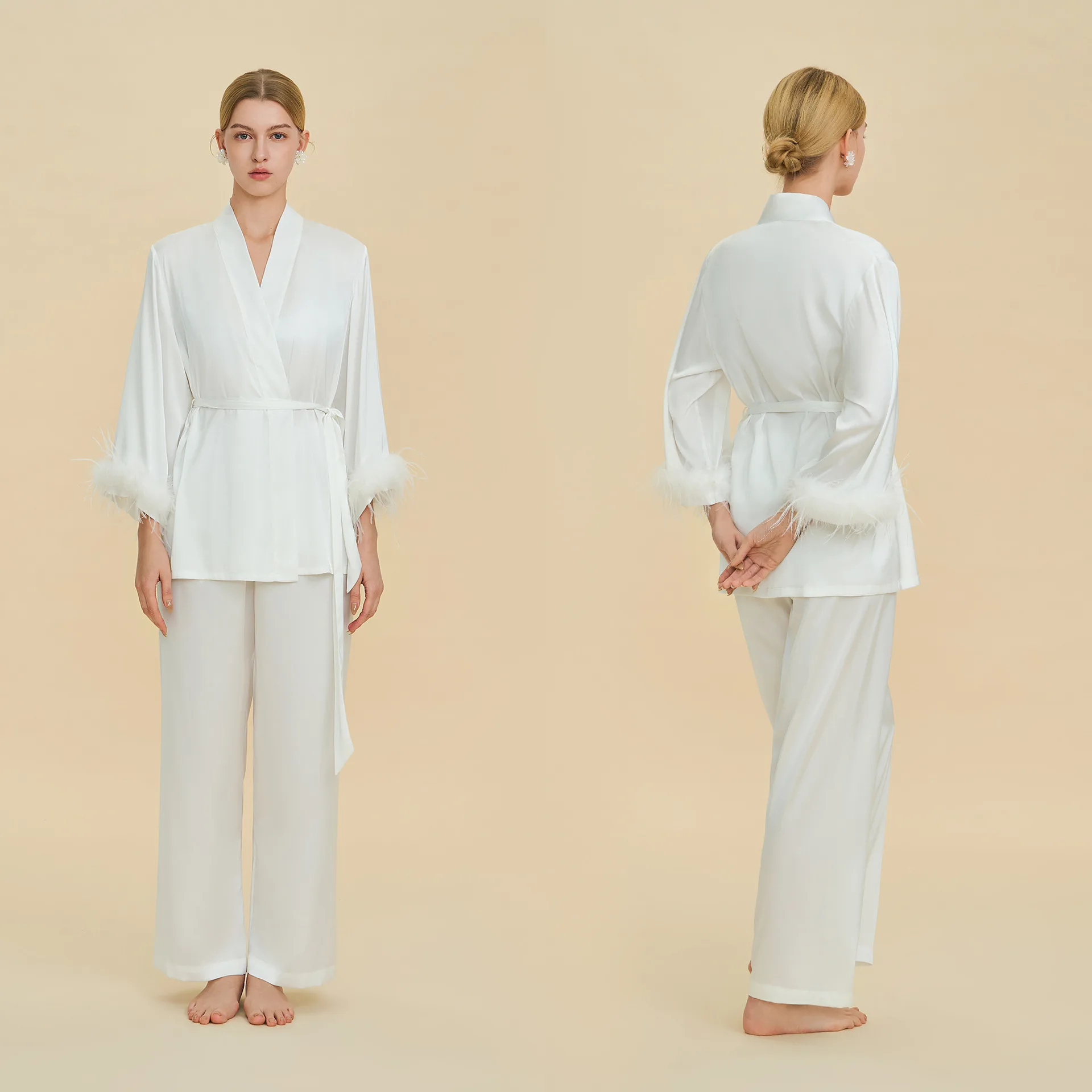 

Luxury Soft Satin Women's Pajamas Set Homewear Elegant Feather Bride Bridesmaid Wedding Gift Sleepwear Casual Loungewear Pijama