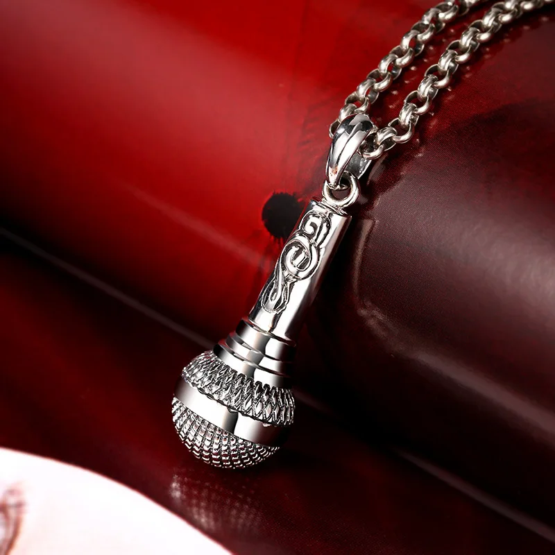 Retro 925 Sterling Silver Personalized Microphone Necklace Pendant For Men And Women Creative Music Hobby Commemorative Gift