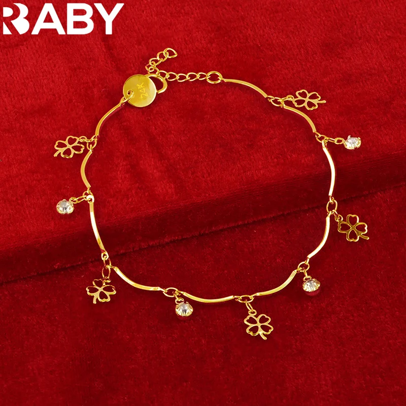 URBABY 18K Gold AAA Zircon Lucky Clover Bracelets For Women Wedding Engagement Party Charms Jewelry Fashion Accessories