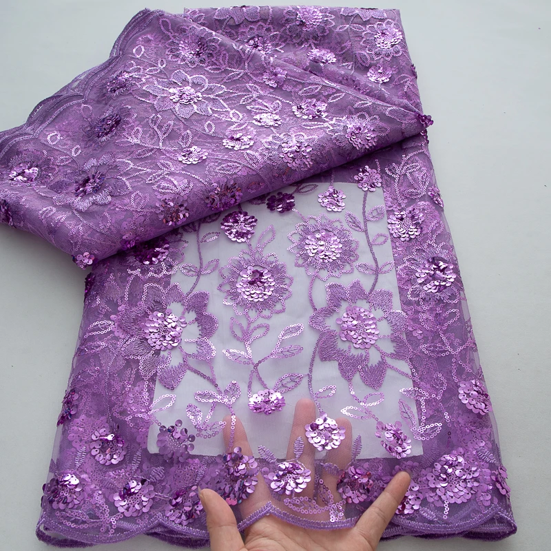 

Purple Nigerian Mesh Lace Fabrics Fashion Women African Tull Lace Fabric 5Y Luxury Handmade sequins Fabrics For Wedding 5Yards