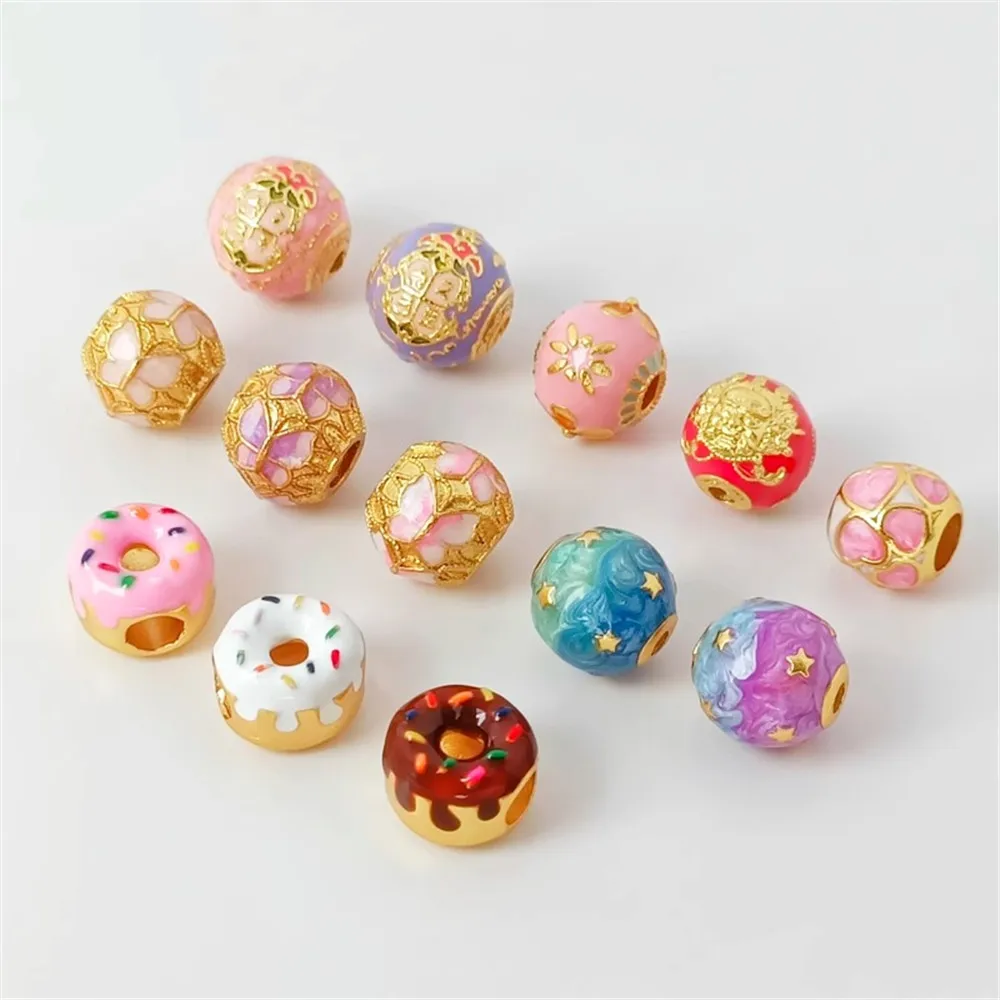 18K Ancient Vietnamese Sand Gold Fired Blue Relief Enamel Round Bead Diy Donut Accessory Bracelet Necklace