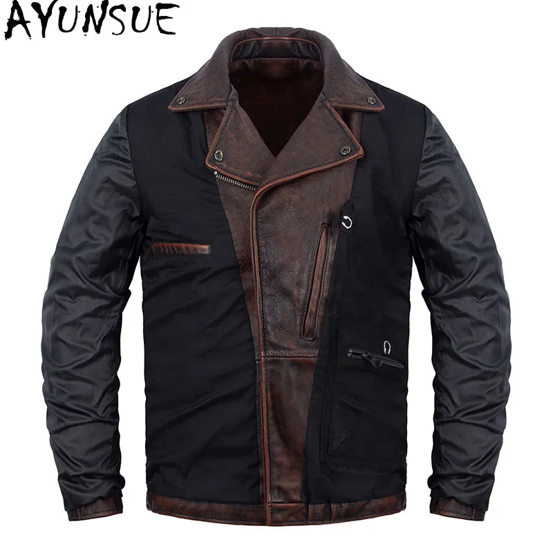 AYUNSUE Men Genuine Leather Jacket 2026 Vintage Stone‑Washed Distressed Top‑Grain Cowhide Real Leather Coat Motorcycle Outerwear