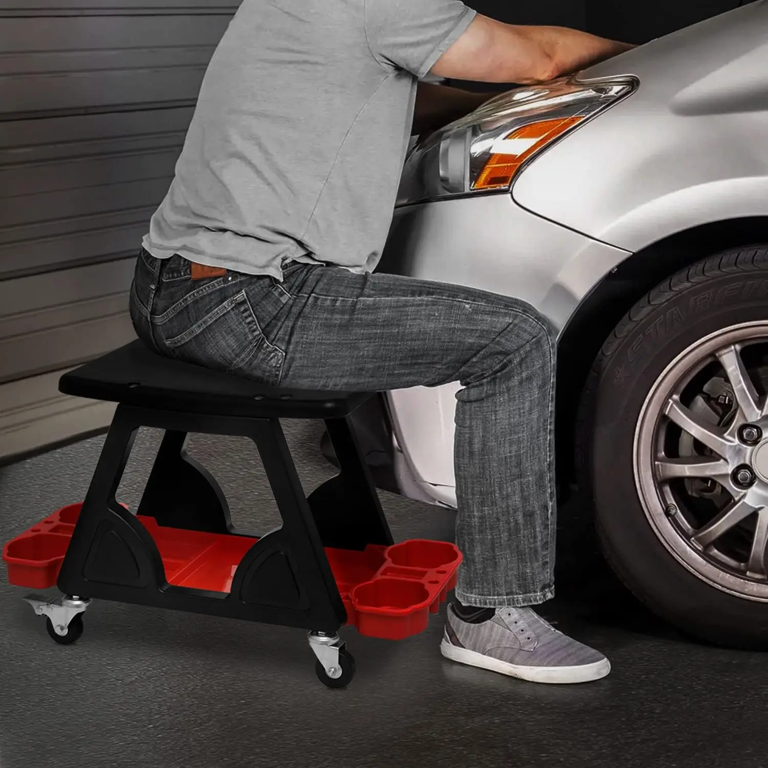 Garage Creeper Seat with Built-in Storage Drawer and Tools Holder, Rolling Creeper Garage Shop Seat