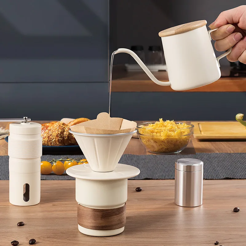 Camping Set Coffee Kit comes with a luxury manual metal grinder 600ml pour over a kettle and drip packaging
