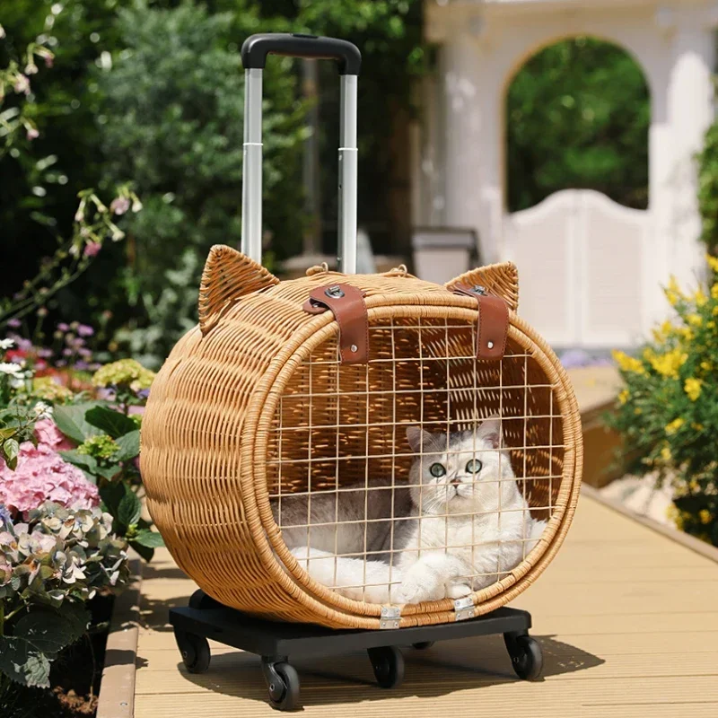 

Creative Portable Cat Trolley Natural Rattan Weaving Pet StrollerBreathable Outing Bag Ideal Pet Carrier，Artisan Pet Stroller