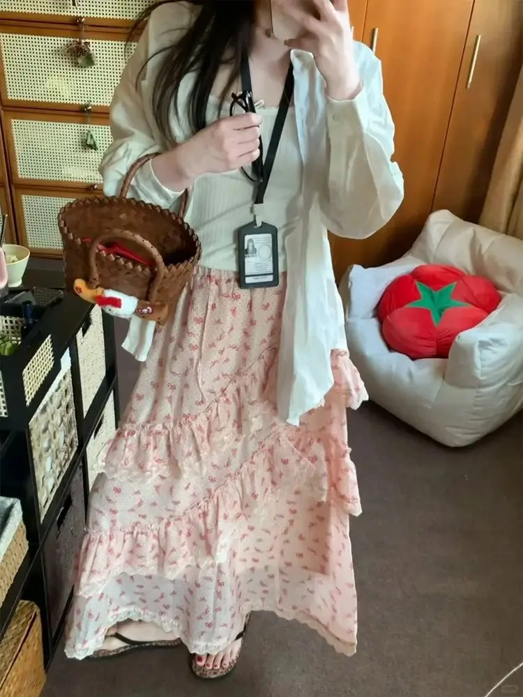 Dopamine Pink Bow Print Summer Skirt Sweet Girl Elegant High-waisted Panels Design Cake Maxi Skirt Korea Chic Casual Outfits New