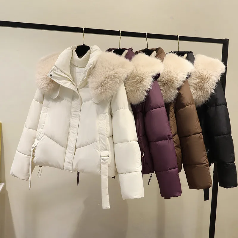 2024 Korean Fashion Fur Collar Winter Down Cotton Coat Women White Jacket Ladies Short Warm Puffer Coat Female Parka Outerwear