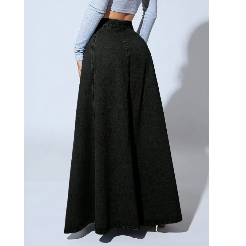 plus Size Women's Black Denim Long Skirt High Waist Single Button Flared Vintage Slimming Fashionable Versatile Mini Skirt view 3