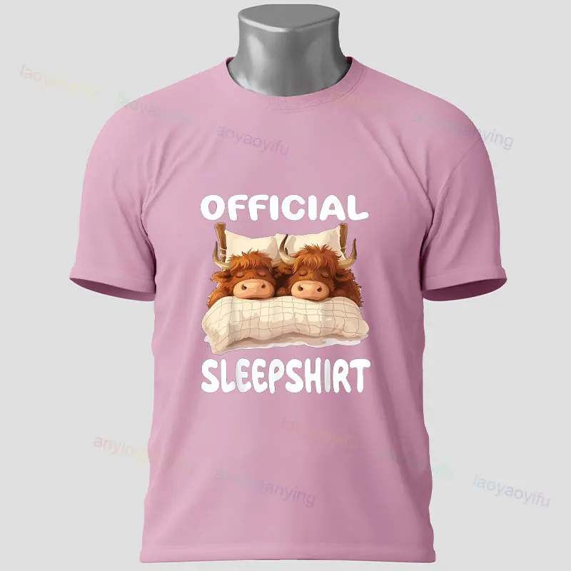 Funny Cute Scottish Highland Cow Official Sleepshirt Pajamas Nightgown Graphic T-shirt Short-sleeve Pure Cotton Tee Casual Wear