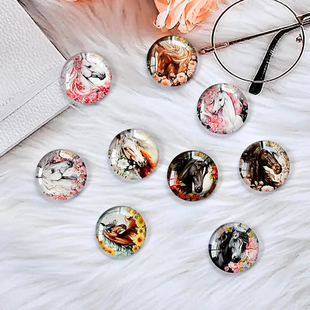 Watercolor Horse With Flowers Art Paintings 12mm/18mm/20mm/25mm Round photo glass cabochon demo flat back Making findings