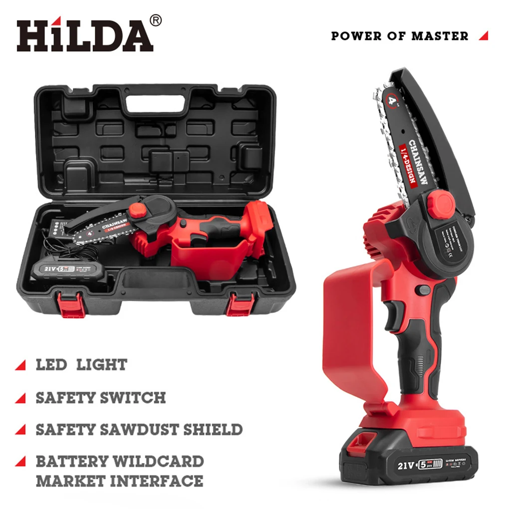 HiLDA Rechargeable Cordless Electric Chain Saw Mini Handheld Portable Chainsaw Tree Wood Cutter Pruning Garden Power Tools