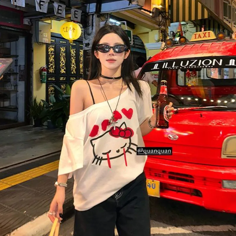 Summer Sanrio Hello Kitty Cartoon Print Large Neckline Short Sleeve Girls T-shirt Sweet Hottie Pure Desire Wind Strapless Tops