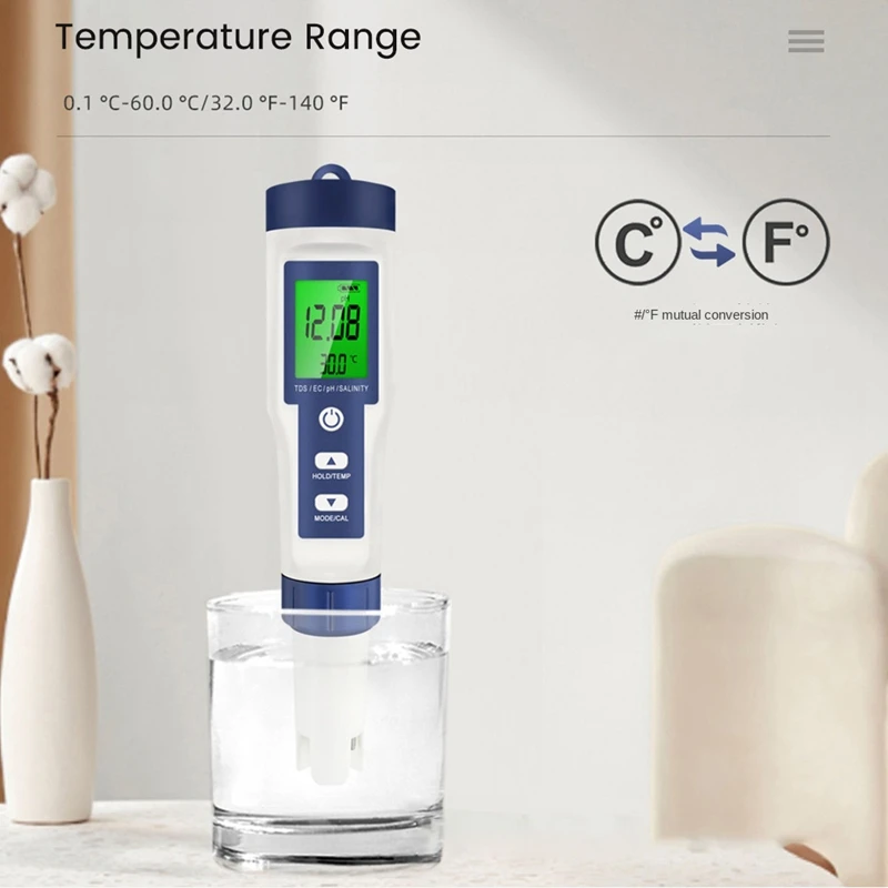 Medidor de temperatura Digital 5 en 1 TDS/EC/PH/sal/salinidad Monitor de calidad del agua probador para acidímetro de acuario