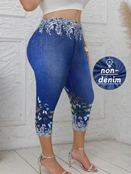 Plus Size Women's Capri Leggings with Butterfly Pattern Denim-Look Print Comfortable Stretch Fashion Casual Mid-Calf Knit Pants