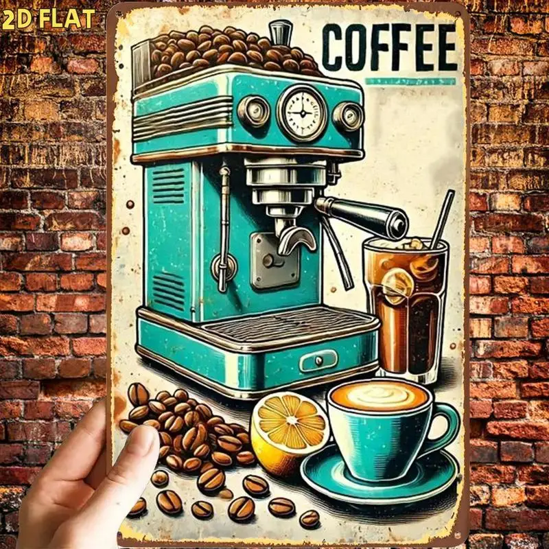 Fun retro coffee machine and brewing set metal iron sign，Suitable for indoor use、Garden、Outdoor、Home、Office