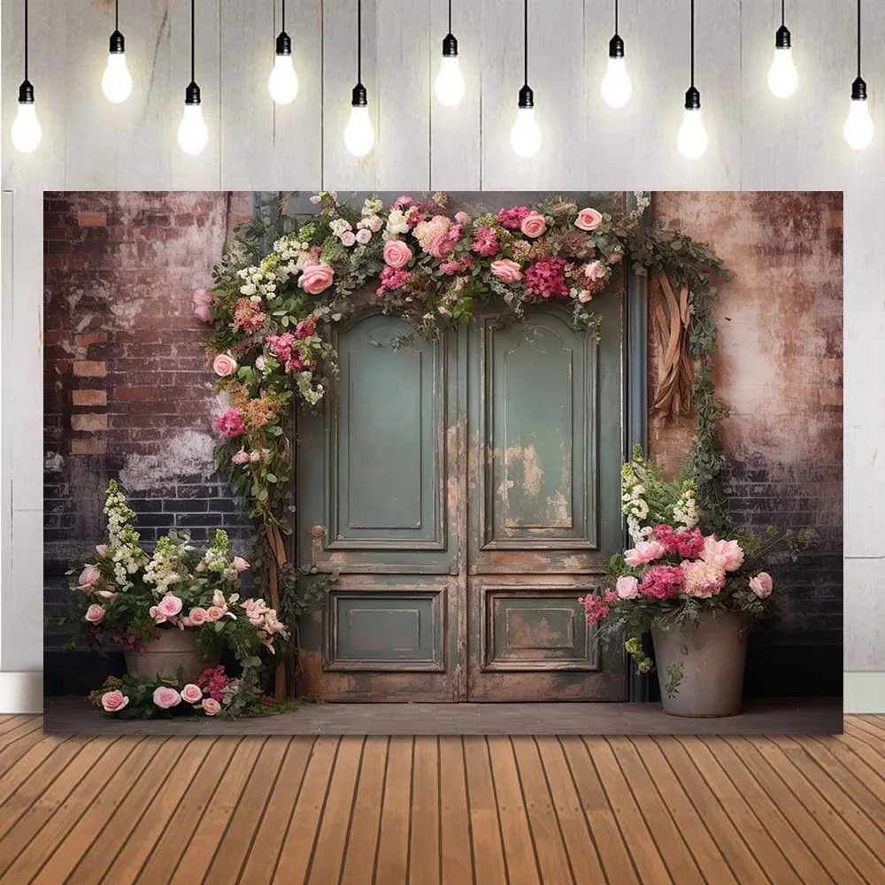 

Vintage Retro Door Floral Background for Photography Newborn Baby Portrait Photoshoot Backdrop Cake Smash Photographic Banner