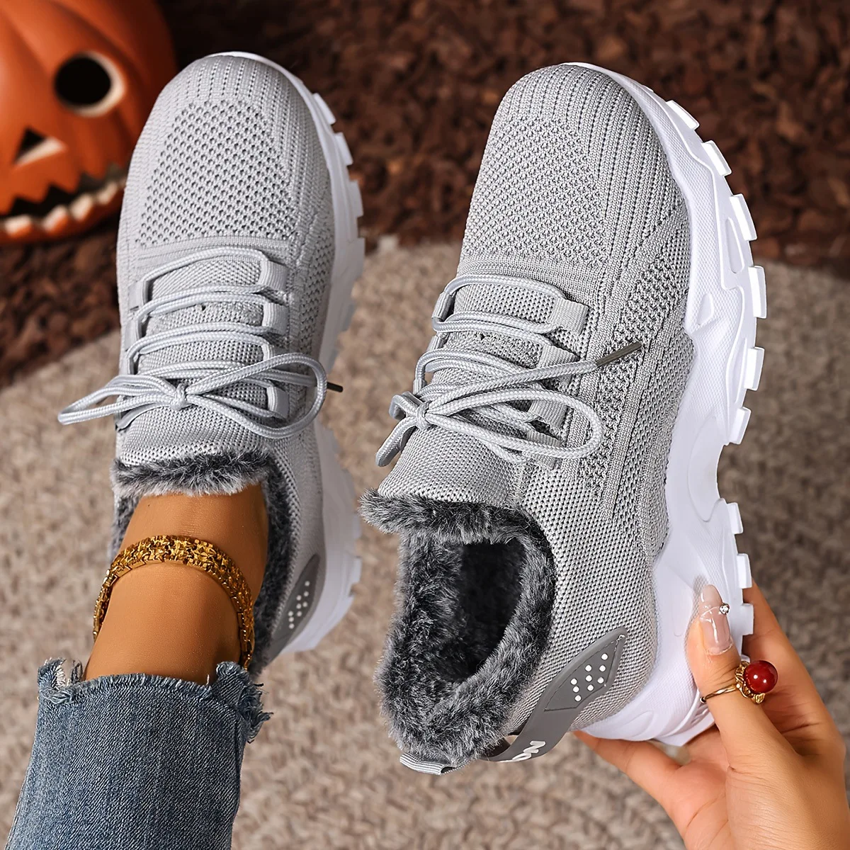 Damen Winter-Thermosneaker aus Strickstoff mit Schnürung, Plüschfutter, rutschfester dicker Plateausohle, Outdoor-Wanderschuhe, Freizeitschuhe – Detail 7