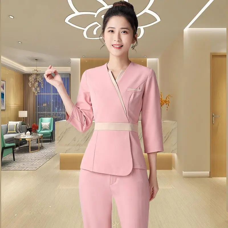 Beautician Uniform Health Center Foot Therapy Spa Work Cosmetic Clothes Set Professional Women Elegant Massage Coat Print LOGO
