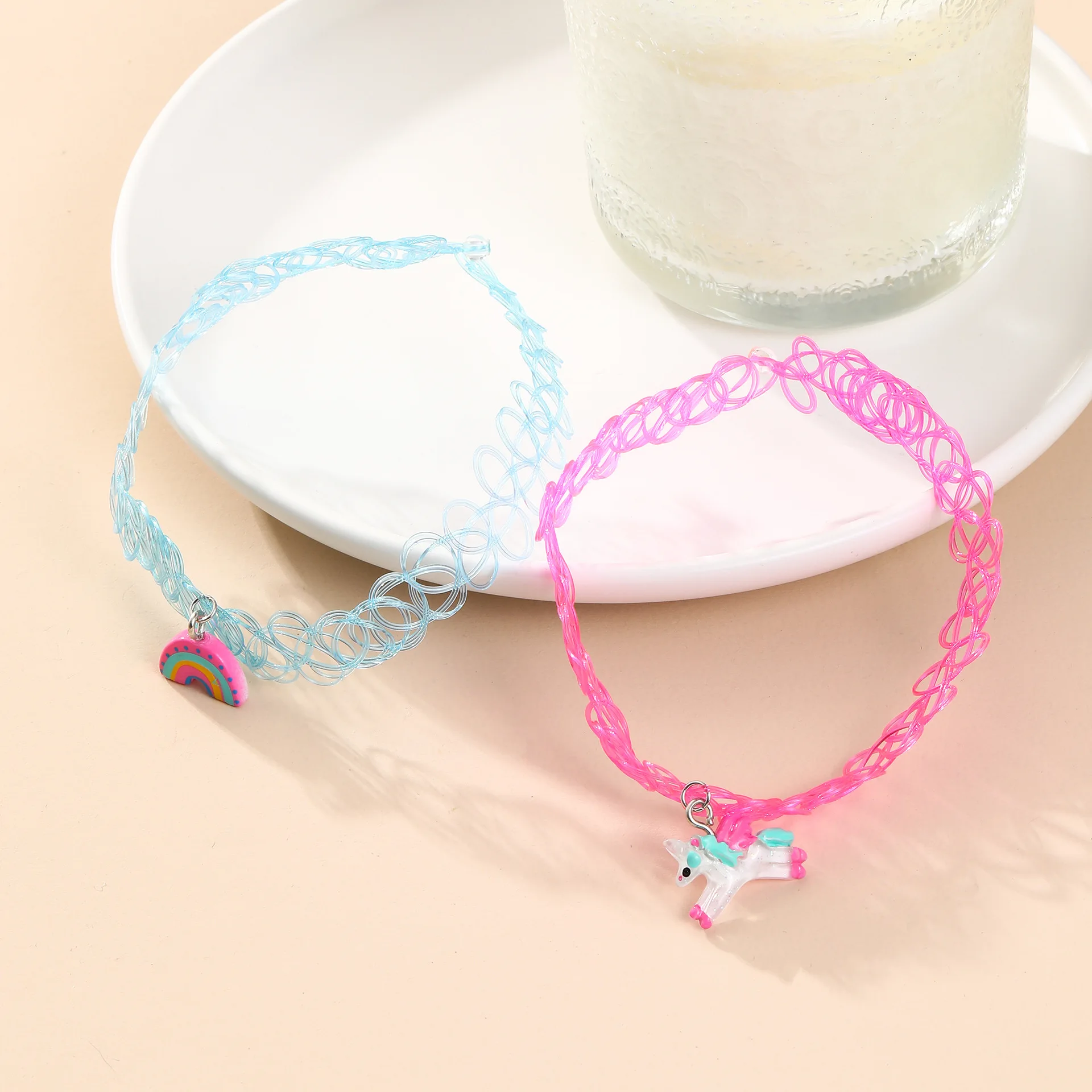 New Pony Rainbow Resin Pendant Elastic Necklace Popular Children\'s Necklace Jewelry