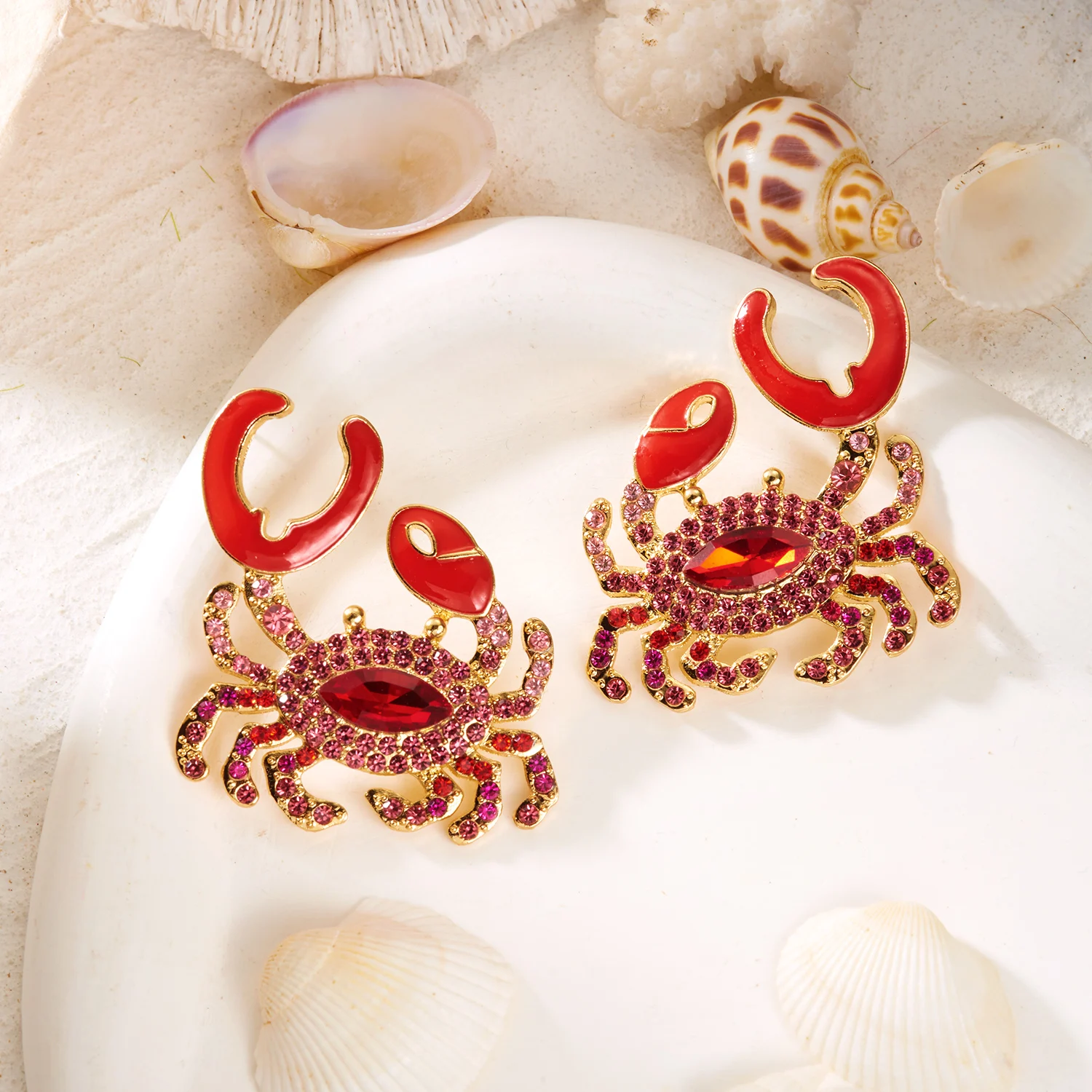 Bohemia Enamel Cute Red Crab Dangle Earring For Women Sparkly Rhinestone Ocean Animal Funny Earring Beach Vacation Daily Jewelry