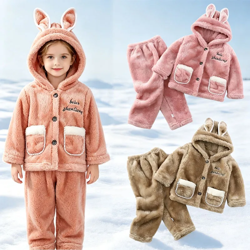 Children Fleece Sets Winter Kids Thick Warm Hooded Suits Boys Girls Double-sided Plush Coats+Pants 2Pcs Outfits Toddler Clothing