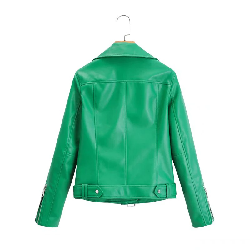 Green Women\'s spring fall leather jacket Korean style Short Zipper motorcycle jacket PU coat Female Clothing INKEO 2O031