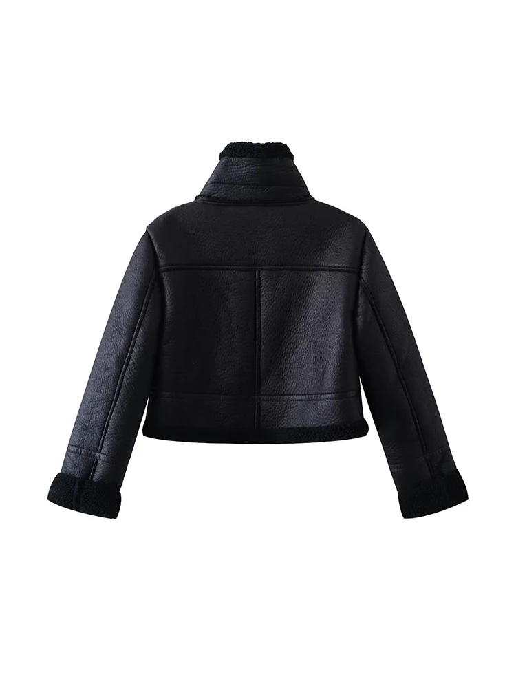 Vintage Women Faux Leather Fleece Jackets 2023 Autumn-Winter Fashion Ladies Warm Short Jacket Motobiker Female Chic Outerwear