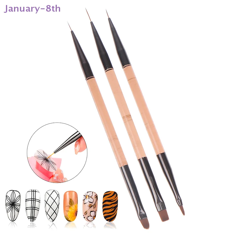 3Pcs Double Ended 7/9/11mm Liner Painting Brush Nail Art Flat Round Drawing Flowers DIY Petal Pen Tools