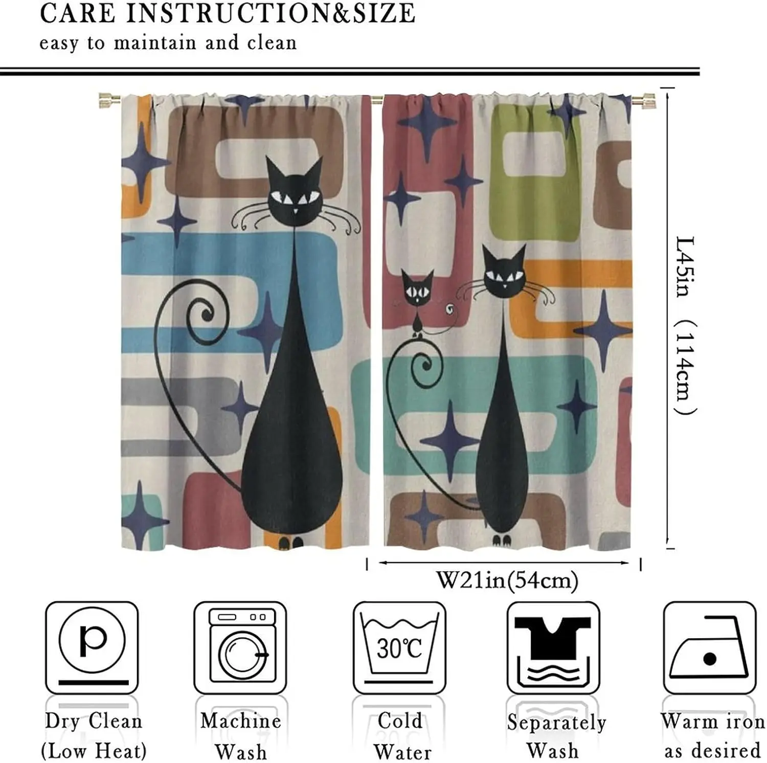 Cute Cat Pattern Geometric Curtains for Living Room Window Treatment Panels Modern Aesthetic Home Decor Curtain Pair Set of Two