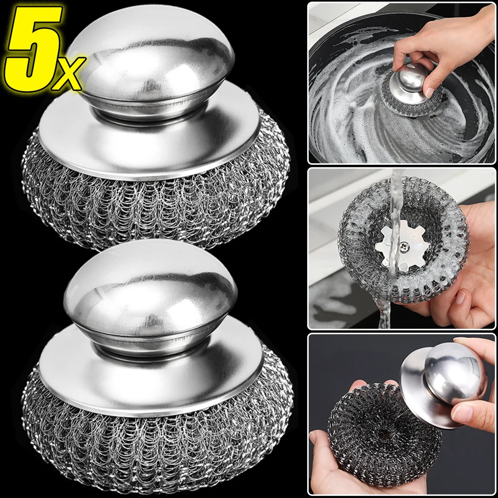 5/1Pcs Stainless Steel Scourers With Metal Handle Steel Wool Scrubber Pad Kitchen Bathroom Cleaning Brush For Dishes Pots Pans
