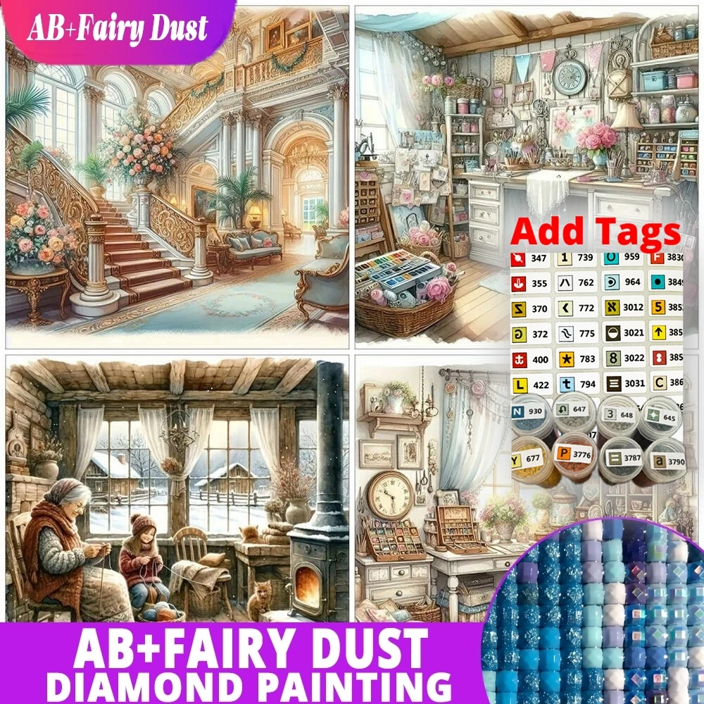 

AB Fairy Dust DMC stickers Full Drill Diamond Painting House Landscape DIY Hobby Mosaic Scenery Rhinestone Pictures Bedroom Livi