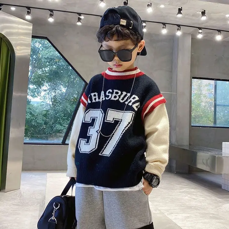 

Boys' Sweater Fake Two Pieces 2023 New Children's Sports Sweater Medium and Large Children's Clothing Warm Top