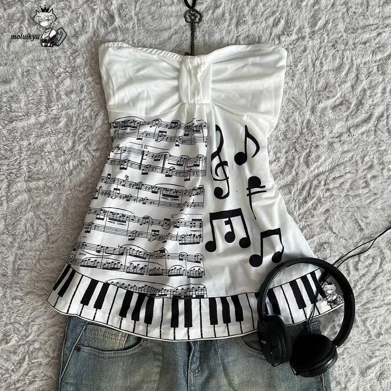 

Y2K Women's Top Music Note Print Tube Strapless Piano Key Trim Cute Retro Musical Harajuku Aesthetic Summer Casual Streetwear