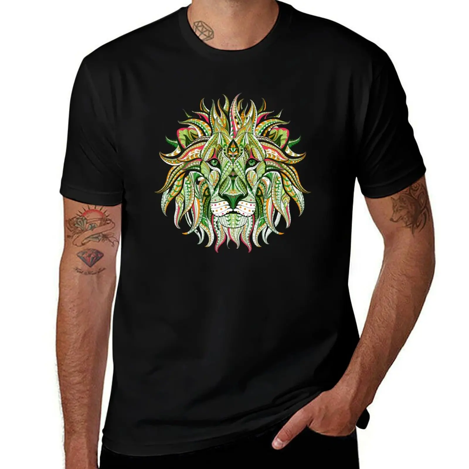 

lion green mandala lines red yoga india king jungle lion T-Shirt street wear oversize t-shirts man Anime t-shirt shirts men