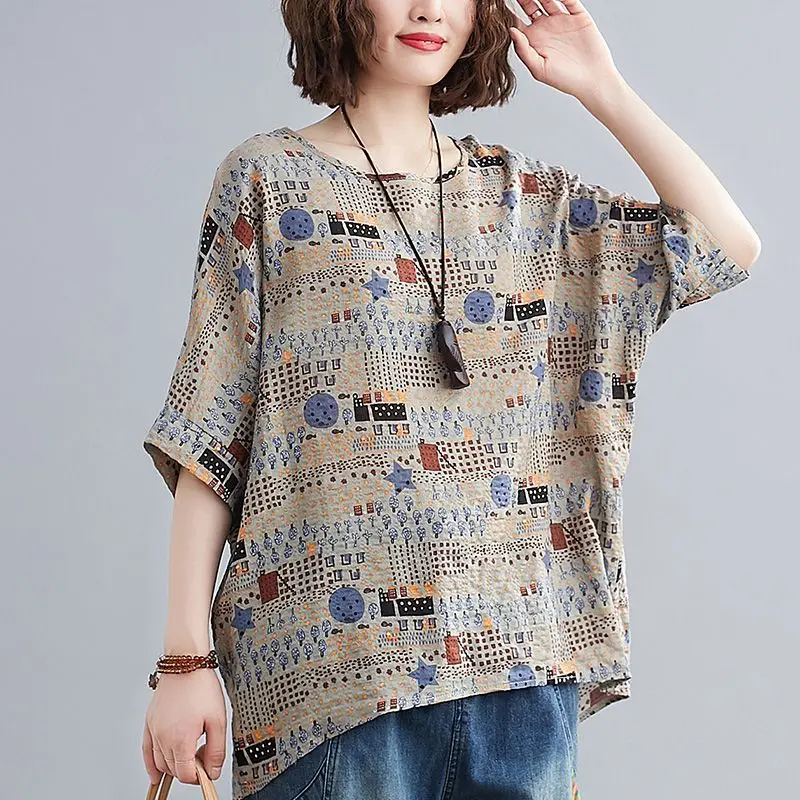 2024 New Summer Retro Ethnic Style Casual Fashion Loose Fitting Short Sleeved Round Neck Printed Animal Women\'s T-shirt Top