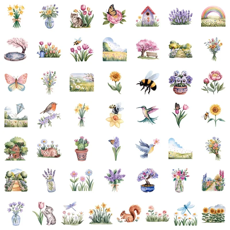 10/30/50PCS Kawaii Spring Flowers Sticky PVC Sticker Aesthetic Decoration Scrapbooking DIY Hand Accounting Stationery Supplies
