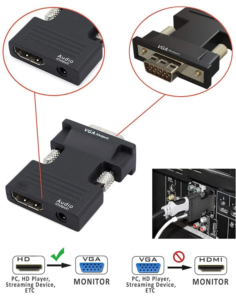 Conversor Compatível VGA para HDMI, Cabo de Áudio, 1080P, Adaptador de Vídeo para PC, Laptop, TV, Monitor, Projetor, 3,5mm, HDTV