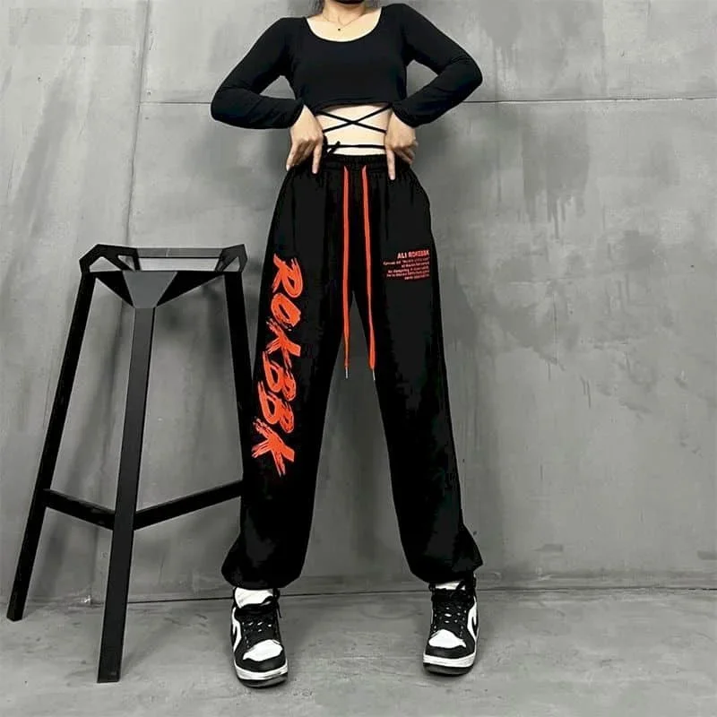 Calça reta de rua alta com cordão hip-hop moda coreana feminina y2k impressa solta esportiva moletom roupas femininas
