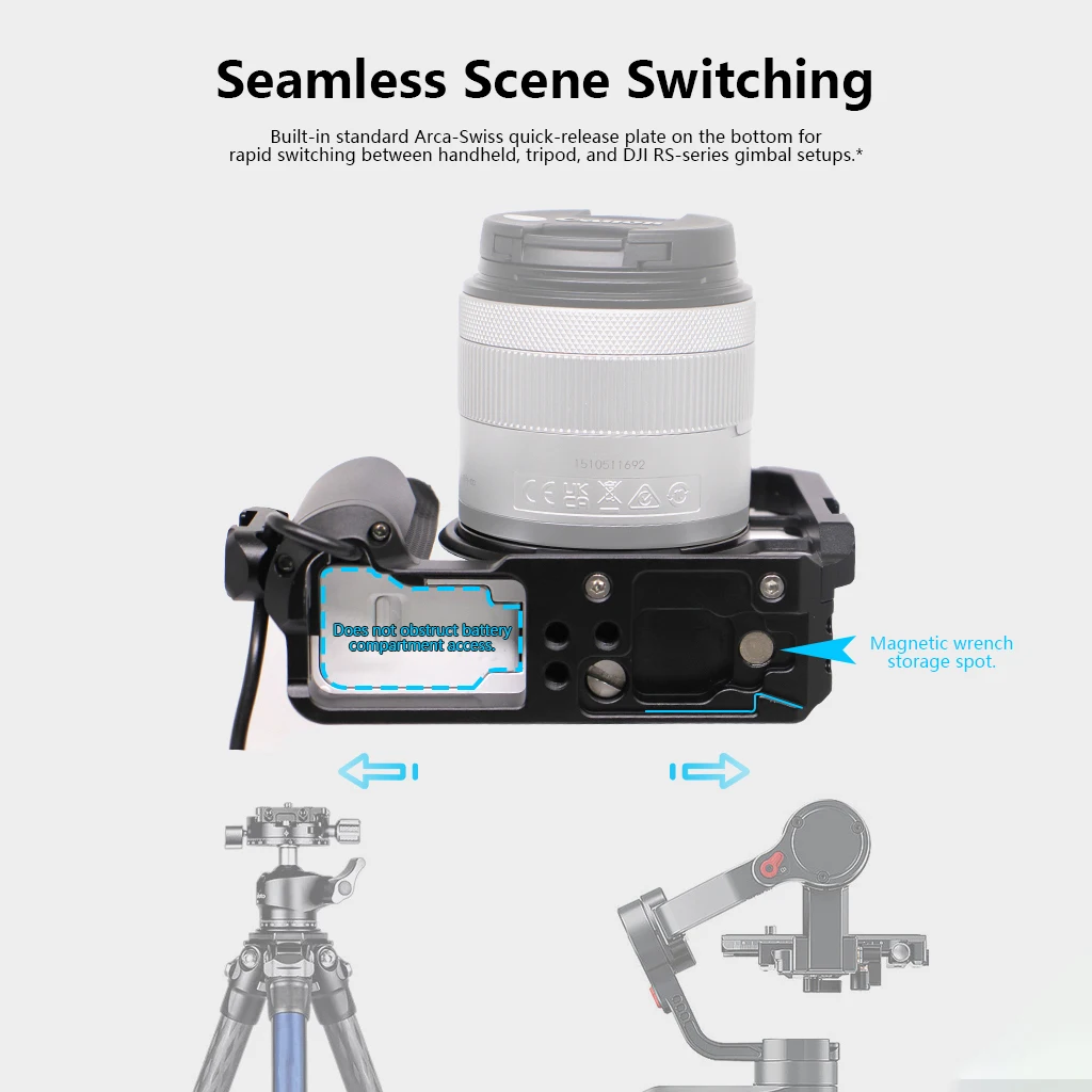 Kamerakäfig für Canon EOS R ILDC / R50V Kamera, passgenau für Arca Swiss Grundplatte, ARRI Cold Shoe Halterung, Video Film Rig Stabilisator – Detail 15