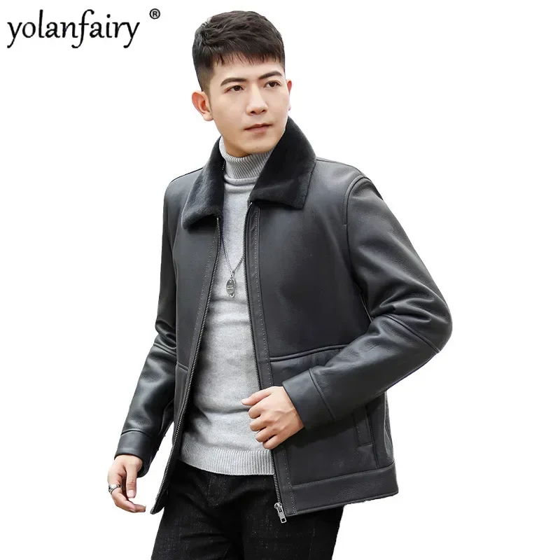 

2023 New Original Leather and Fur Coat Men's Sheepskin Natural Fur Jacket for Men Winter Outwear Short Polo Collar Thick Top FCY