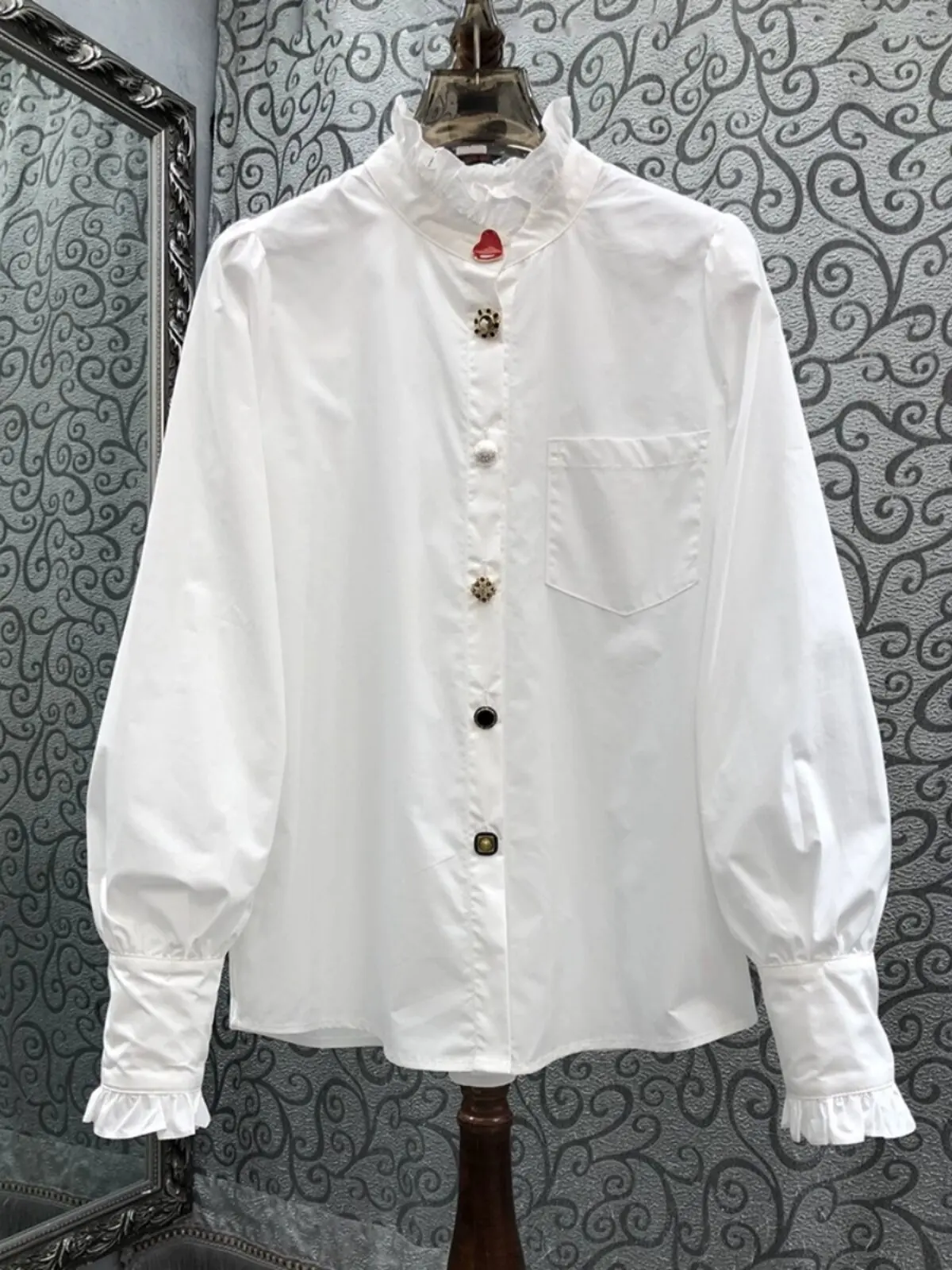 

Elegant Stand Collar Blouse Delicate Ruffle and Multi-Color Button Accent Niche Design Feminine Top for Autumn