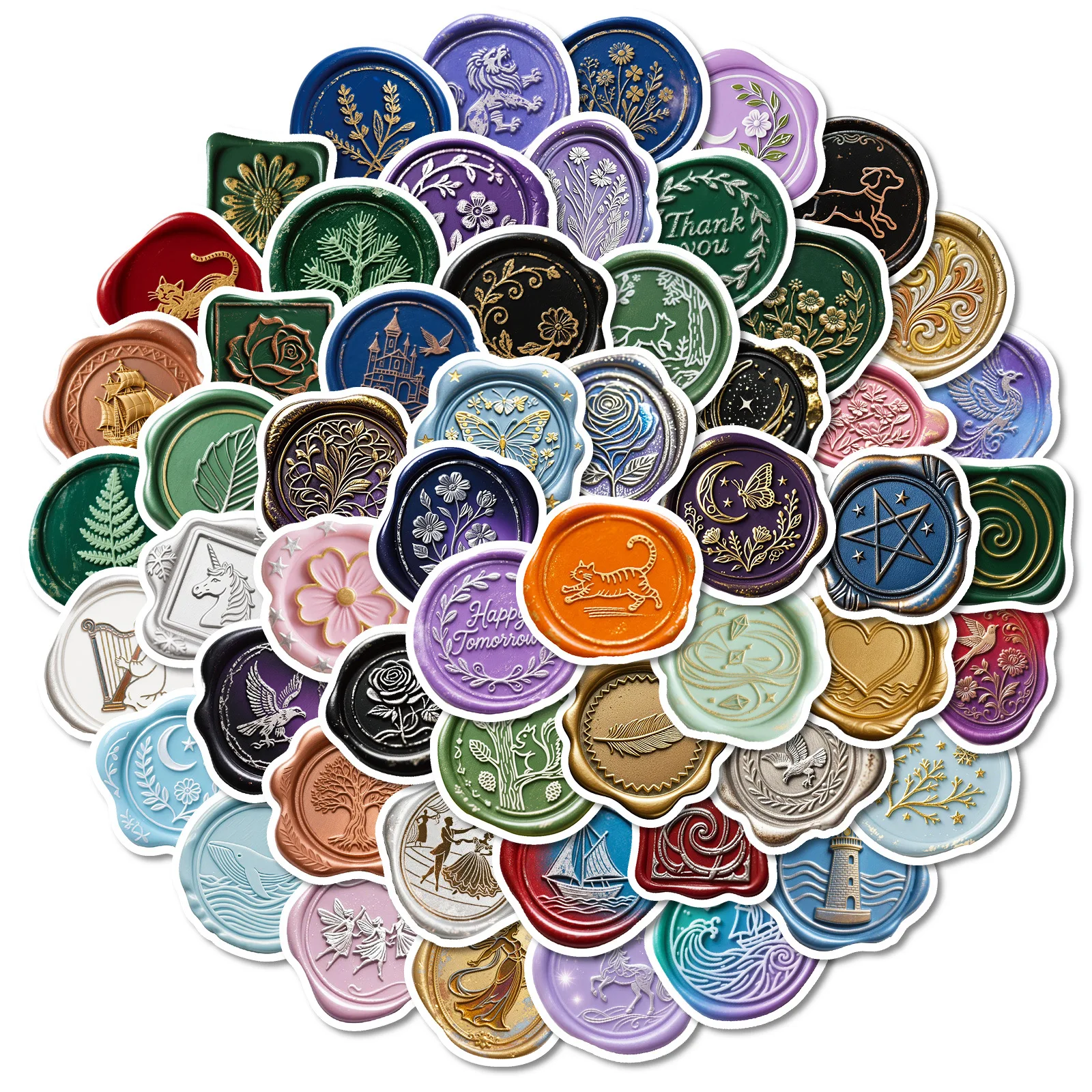56PCS Colored Wax Seal Stamp Stickers DIY Phone Guitar Laptop Notebook Suitcase Cup Waterproof Sticker Decals