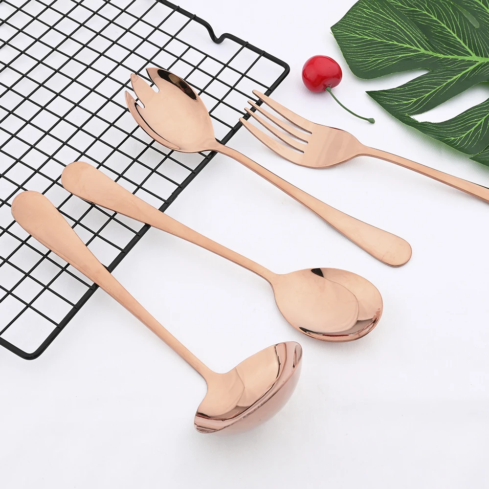 7Pcs Gold Stainless Steel Dinnerware Set Soup Spoon Colander Spoon Service Spoon Salad Fork Cake Spatula Kitchen Home Tableware