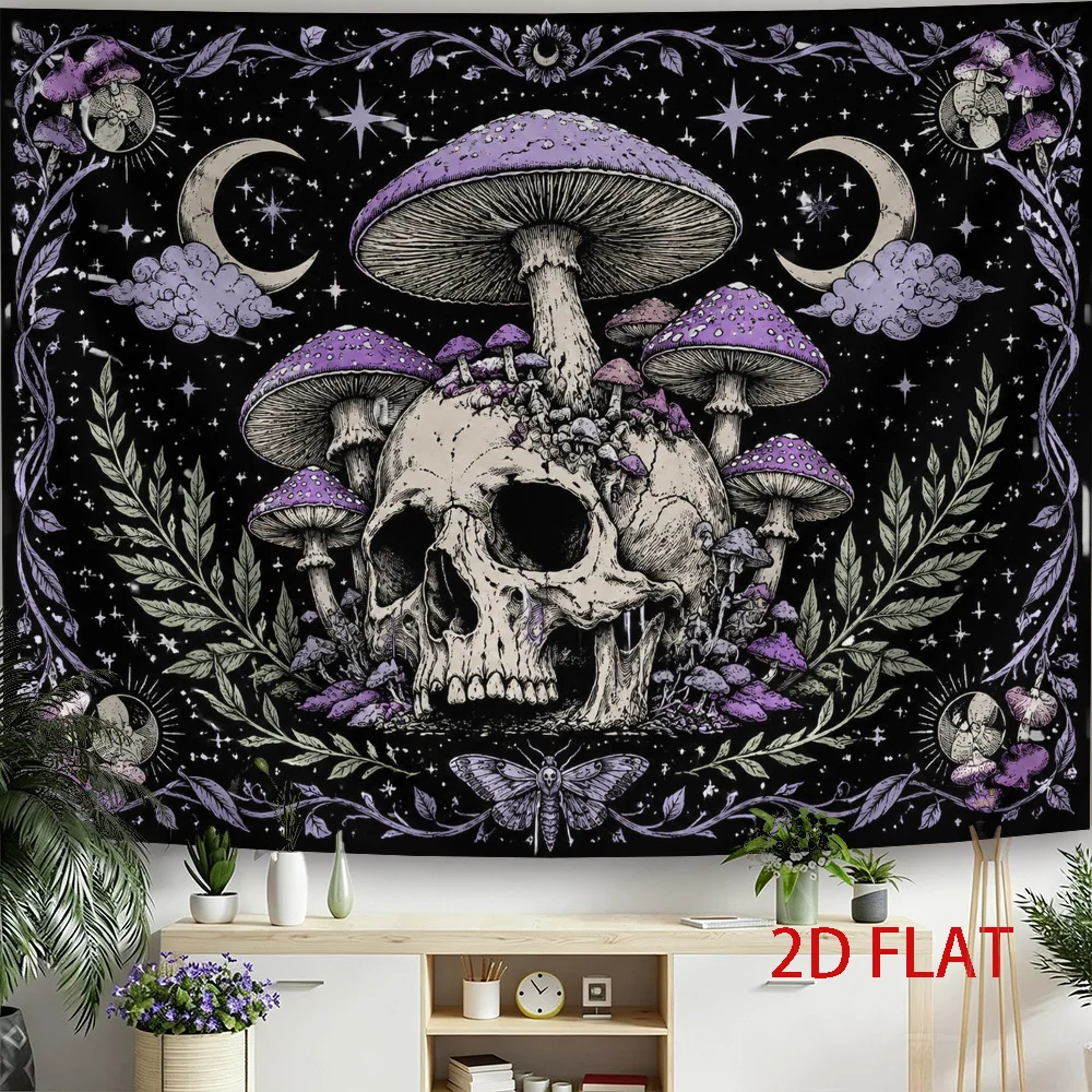 Vintage Psychedelic Skull Mushroom Cottagecore Boho Wall Tapestry Hanging Decor Polyester Art Print Cosmic Witchy Gothic Style R