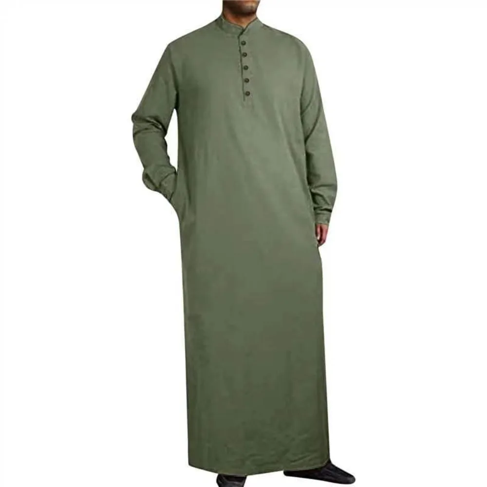 Arabic Style Minimalism Men's Mandarin Collar Buttoned Robe Muslim Prayer Daily Use and Islamic Activities